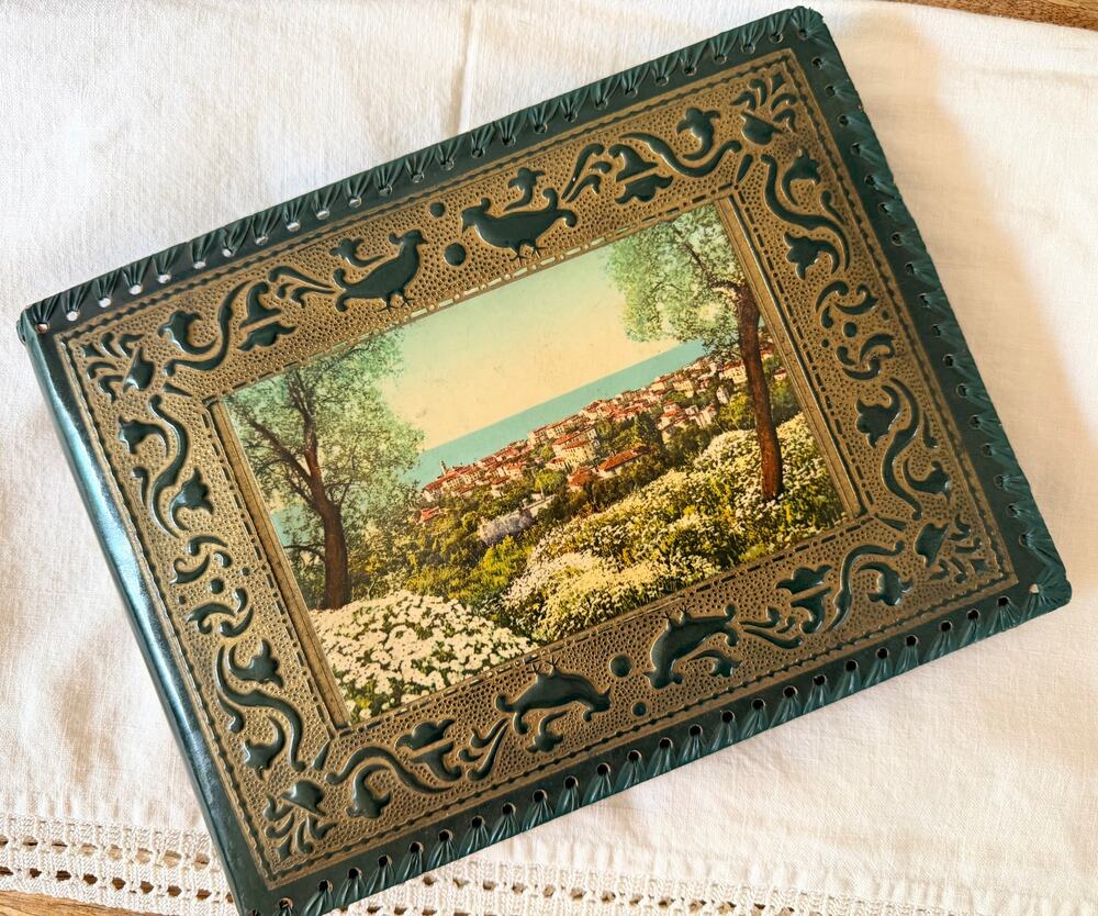 Antique 1940s Photo Album Scrapbook Tooled Leather Litho Cover Empty Pages